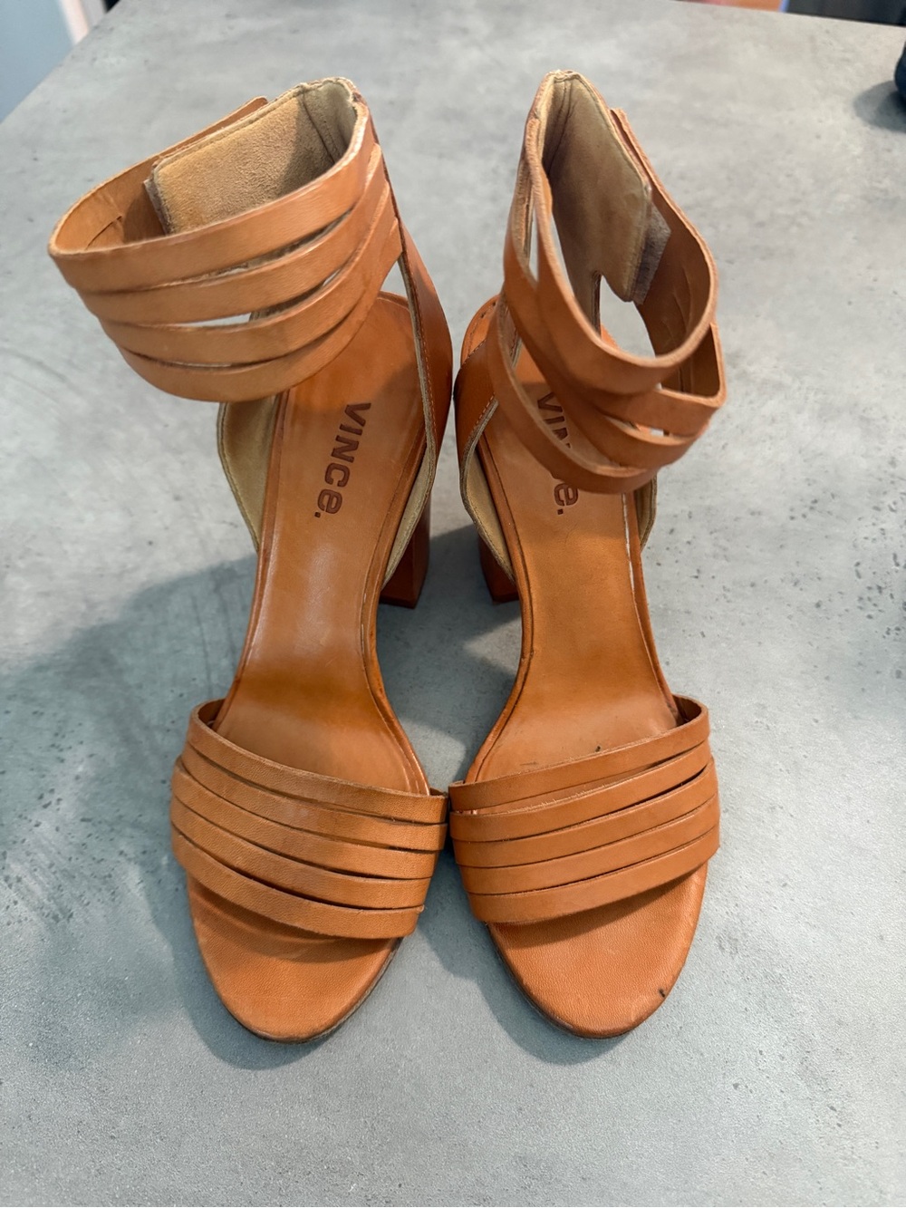 Vince Cognac Leather Strappy Block Heel Sandals-7.5